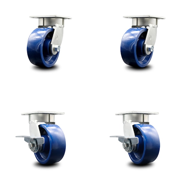 5 Inch Kingpinless Solid Poly Wheel Swivel Caster Set with 2 Brakes SCC